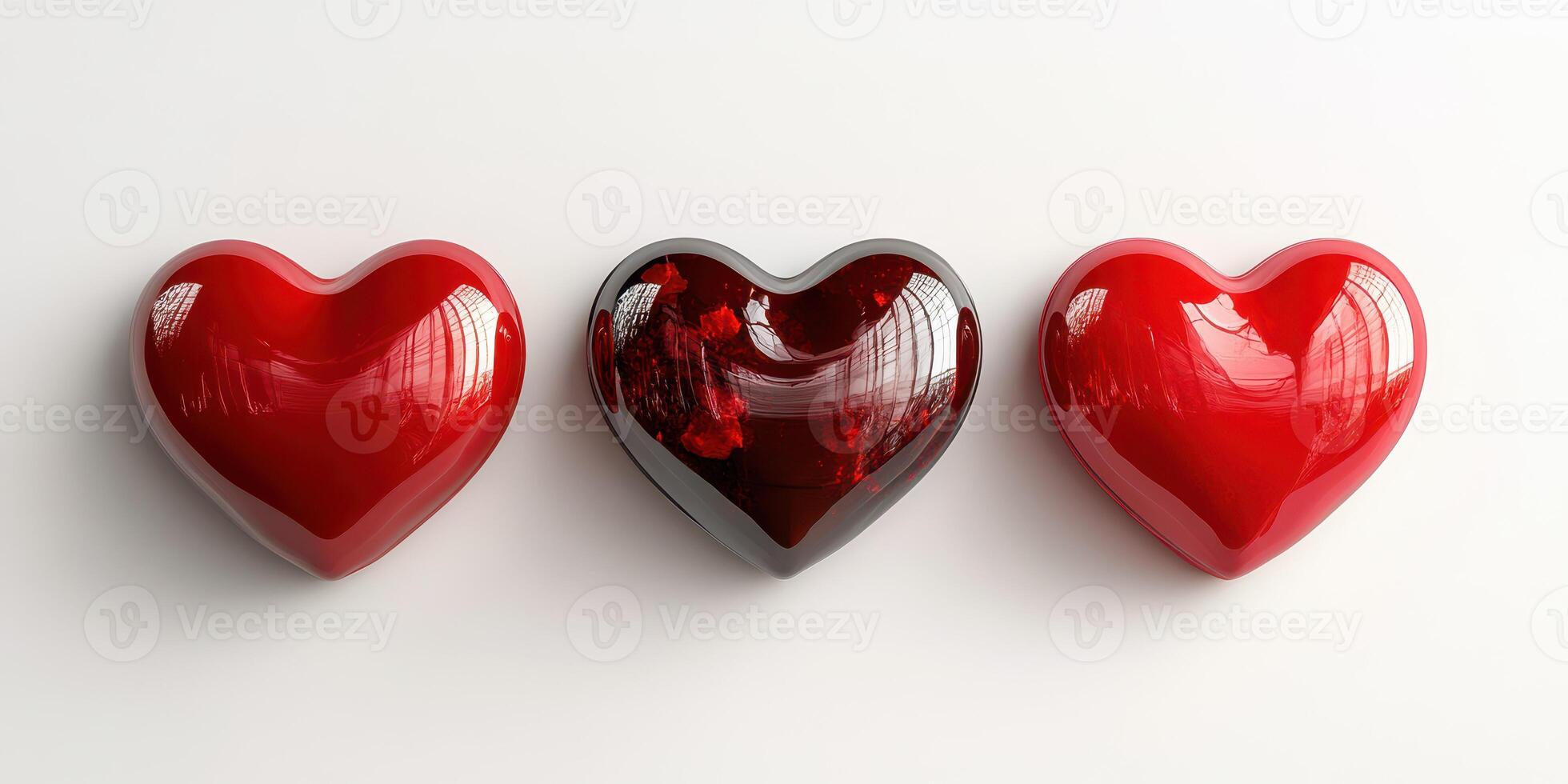 Heart-shaped decorations in vibrant red colors placed on a simple white background perfect for romantic themes photo