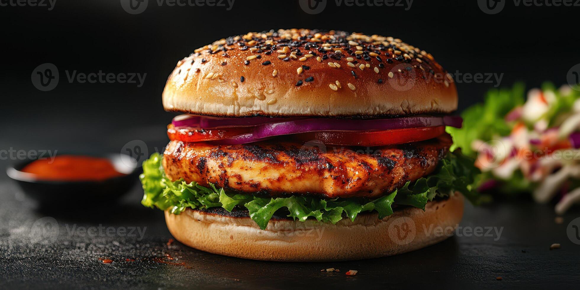 Grilled chicken burger with fresh vegetables and sauces served on a sesame seed bun for a delicious meal photo