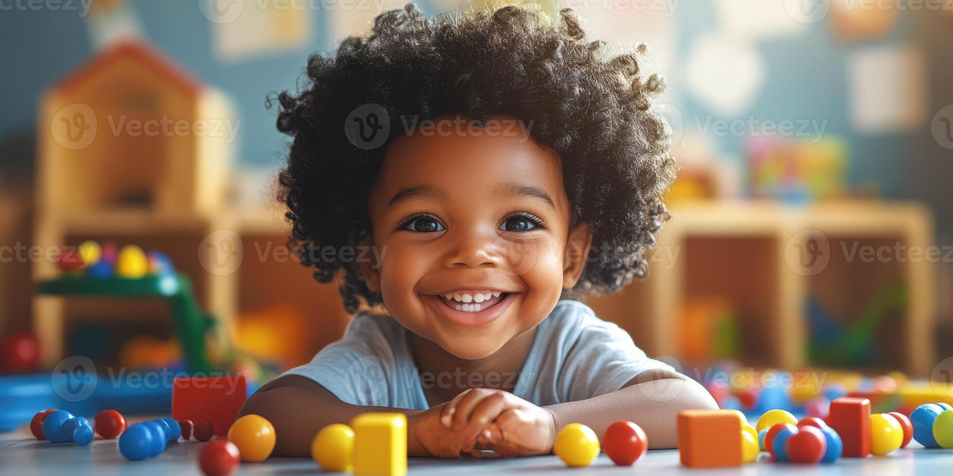 Joyful child playing with colorful blocks in a bright indoor space surrounded by toys and learning materials photo