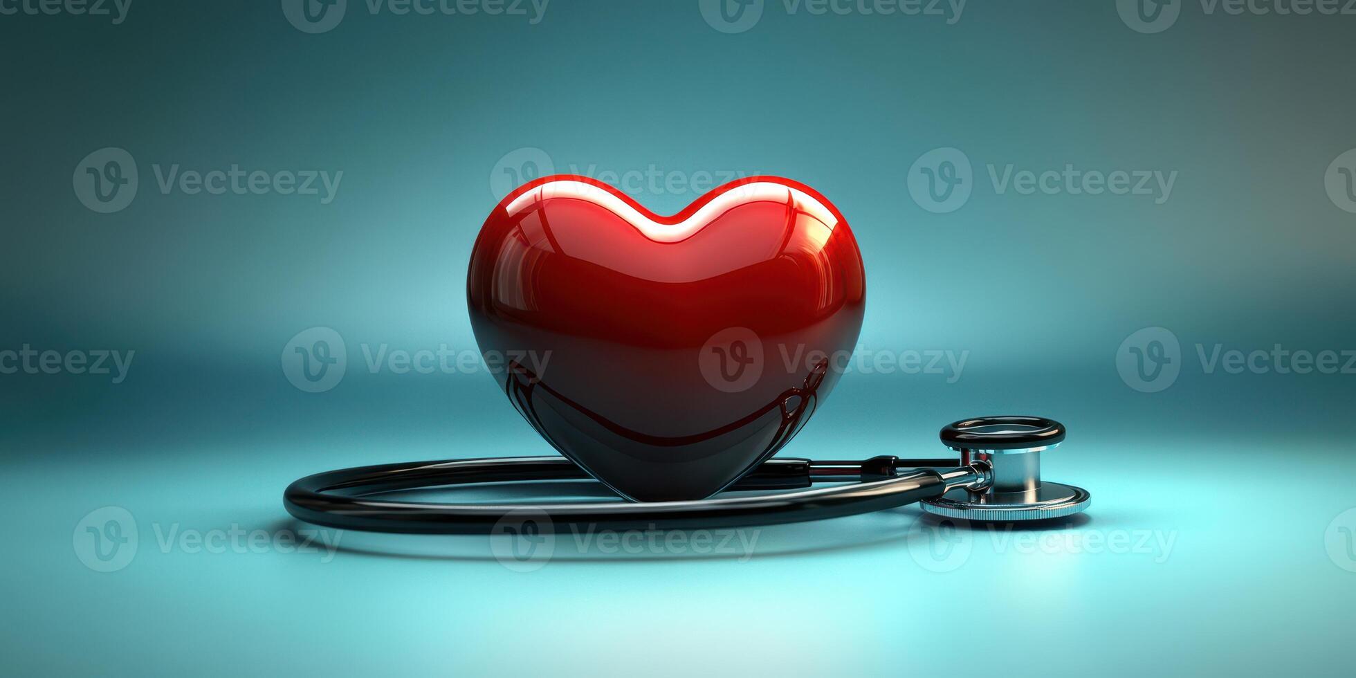 Heart shaped symbol representing health care with stethoscope on blue surface photo