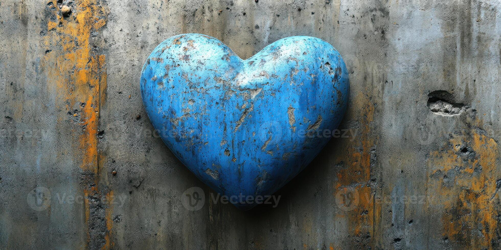 Blue heart sculpture on weathered concrete wall showcasing urban art style and texture photo