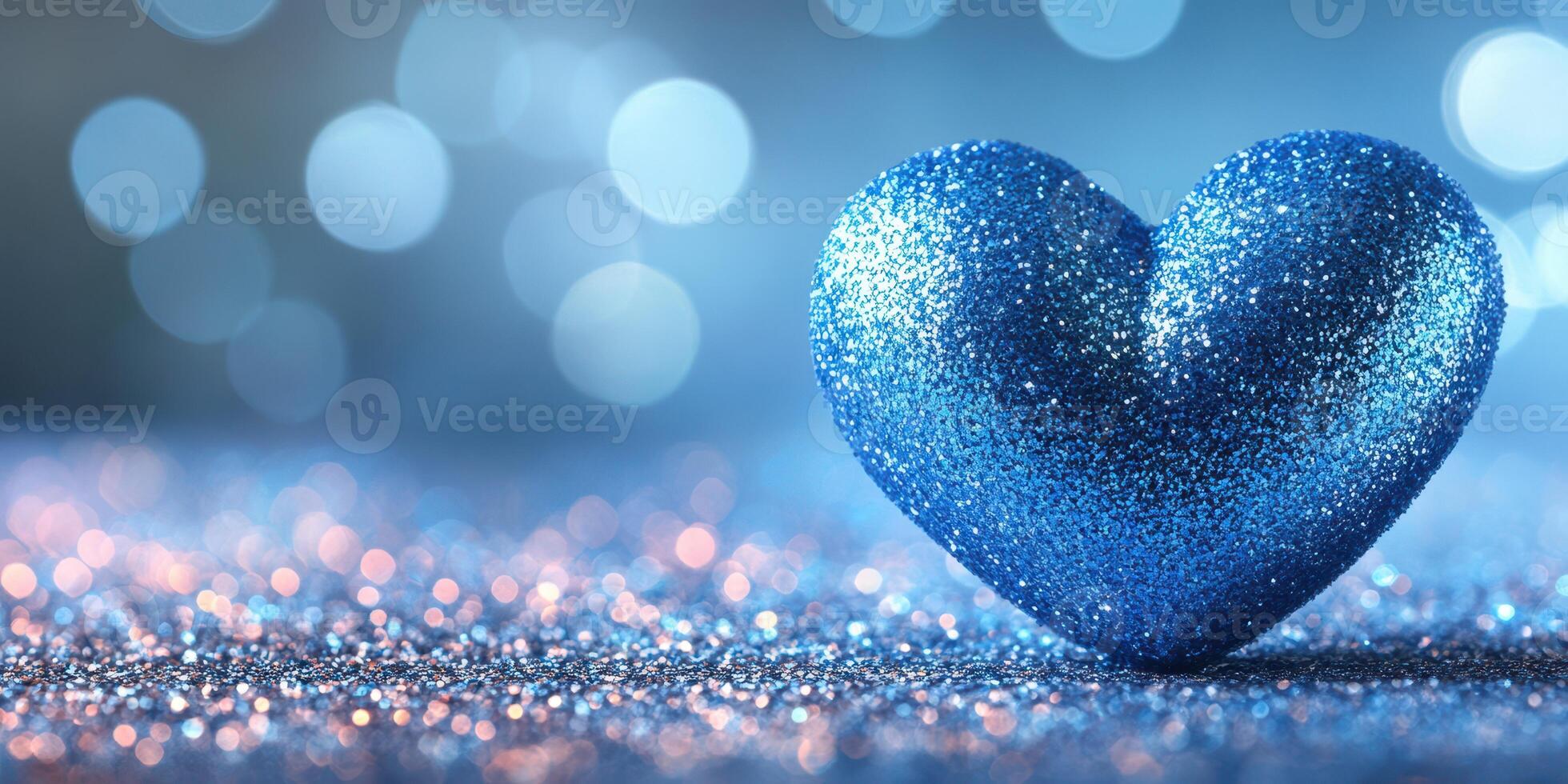 Sparkling blue heart glittering on a shimmering surface surrounded by soft bokeh lights at a festive event photo
