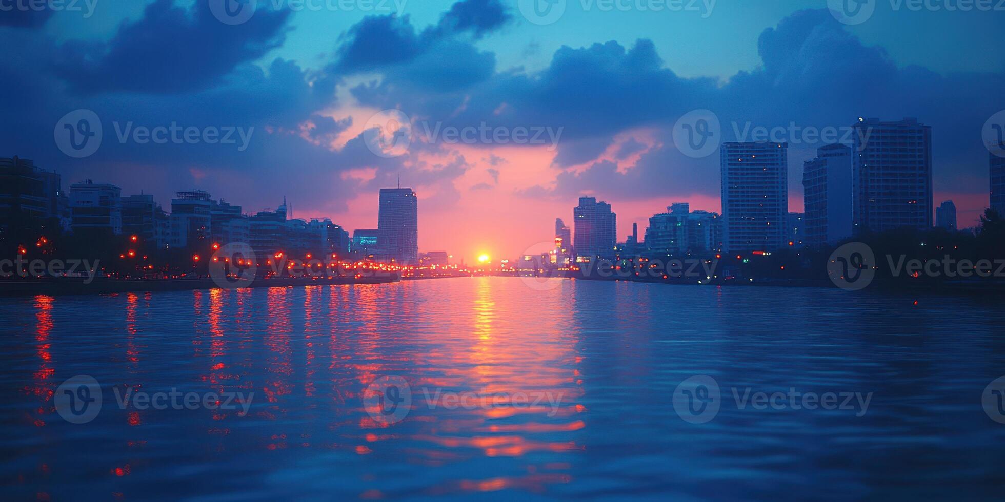 Sunset over the river with city skyline reflecting vibrant colors and lights during evening hours photo