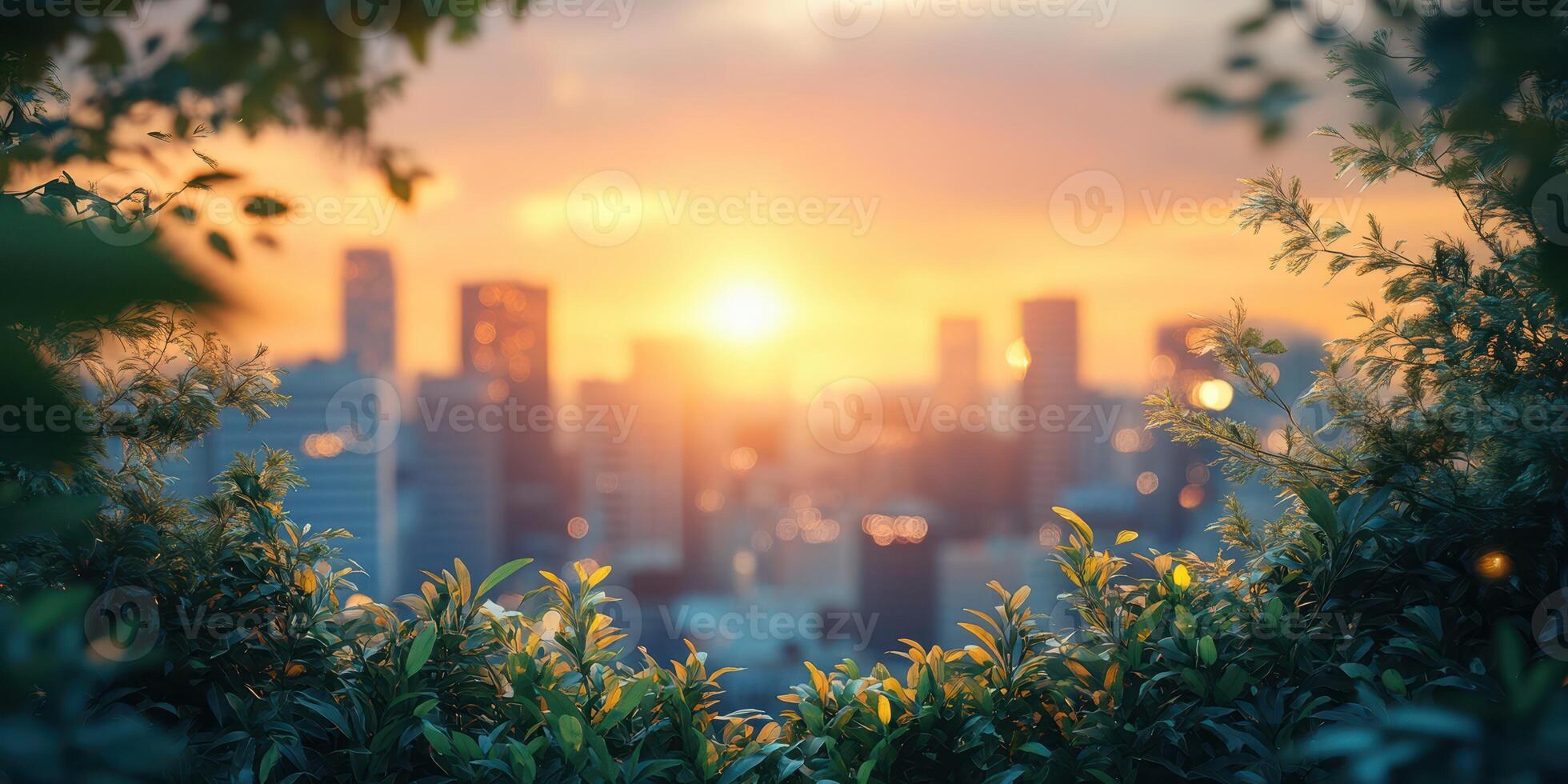 Beautiful sunset view over a city skyline framed by lush greenery during the golden hour photo