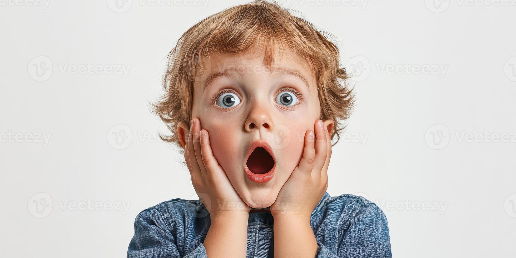 Young child displays surprise with wide eyes and an open mouth, hands on face in a neutral background photo