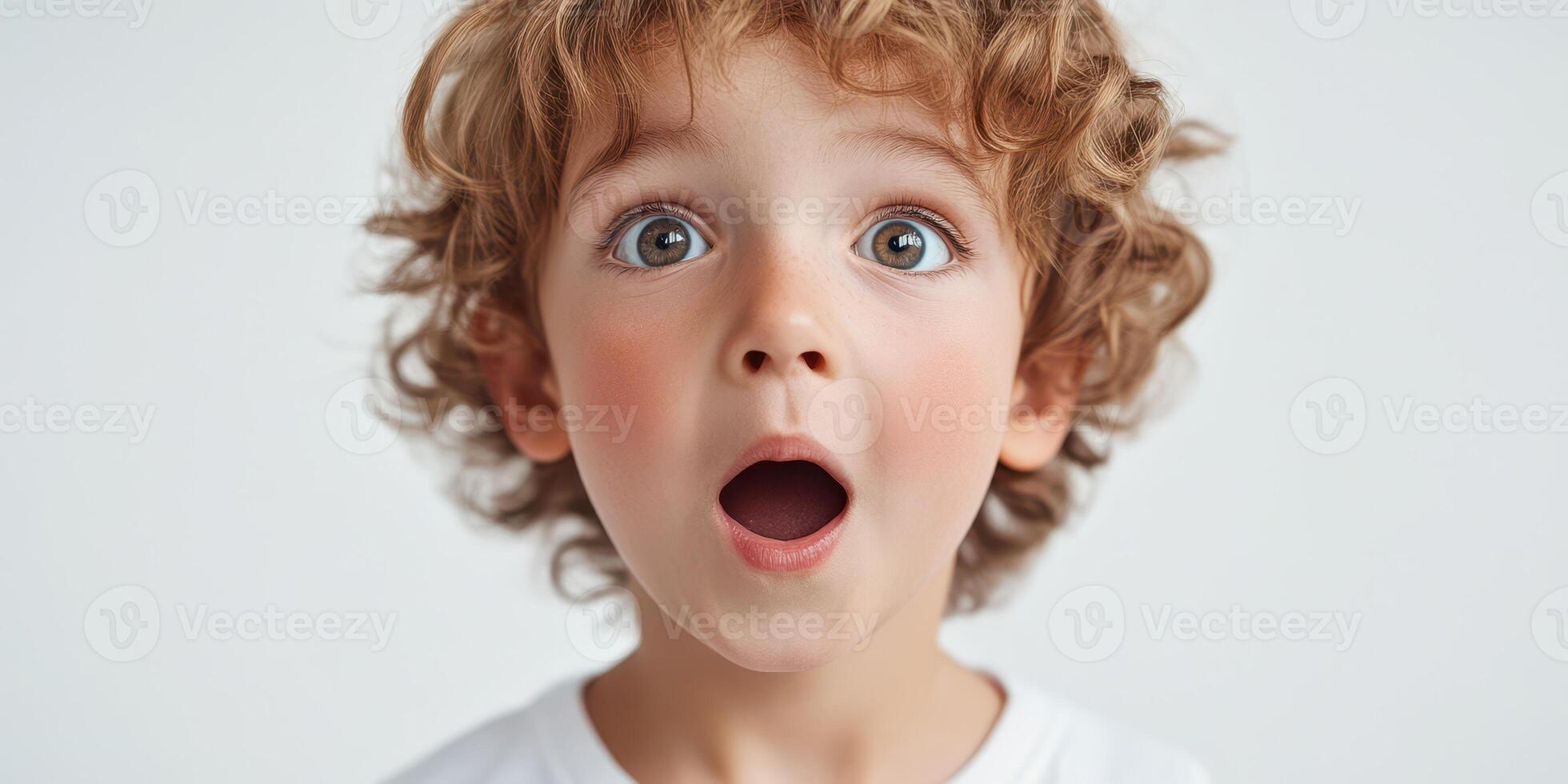 Child expresses surprise with wide eyes and open mouth in a bright indoor setting, showcasing innocence and wonder photo