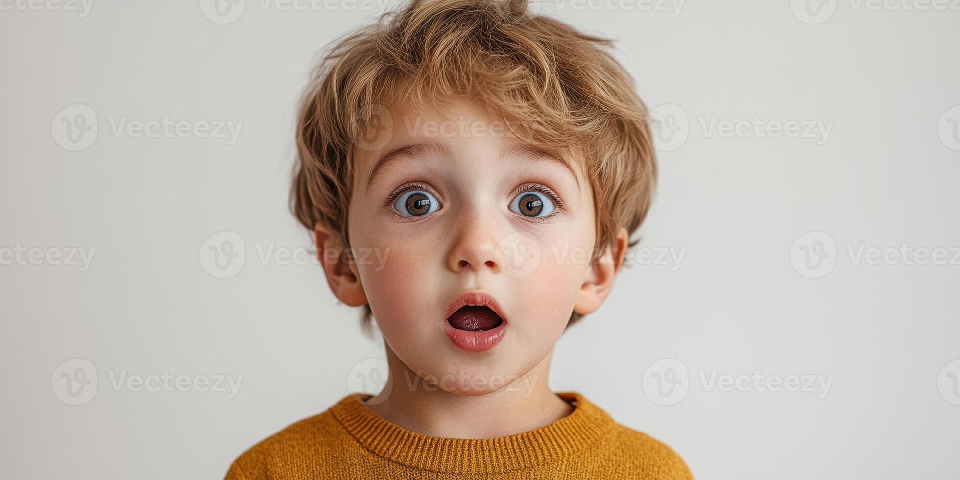 Young child expresses surprise with wide eyes and open mouth in a neutral setting photo