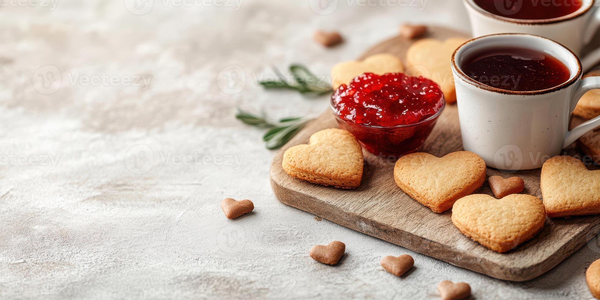 en forma de corazon galletas y té en un acogedor ajuste con mermelada en un de madera tablero durante un relajante tarde foto
