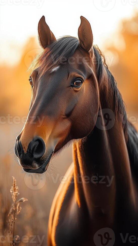 Majestic brown horse stands gracefully in golden light during sunset in a serene meadow photo