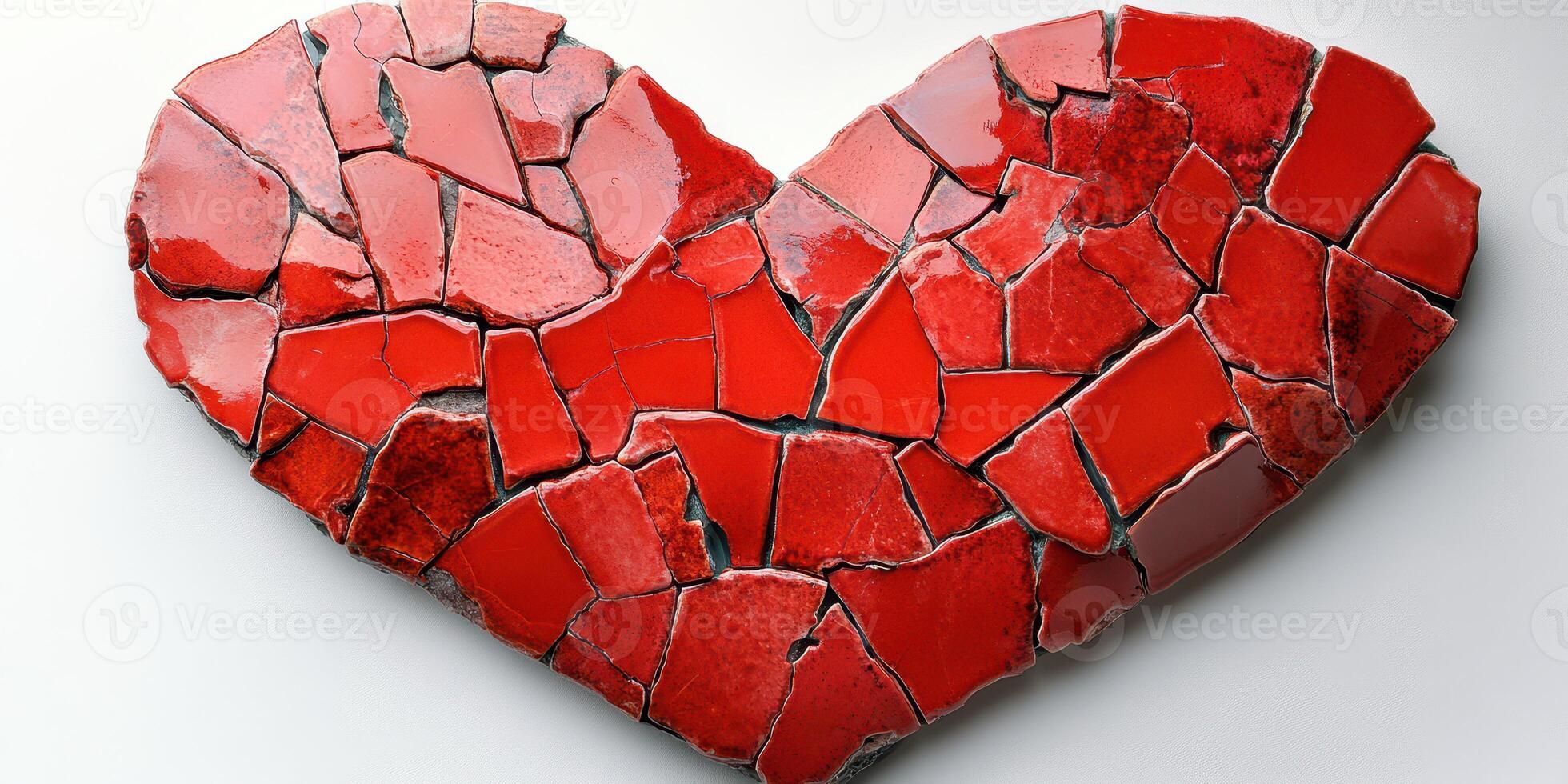Red heart mosaic made from broken ceramic pieces on a white background photo