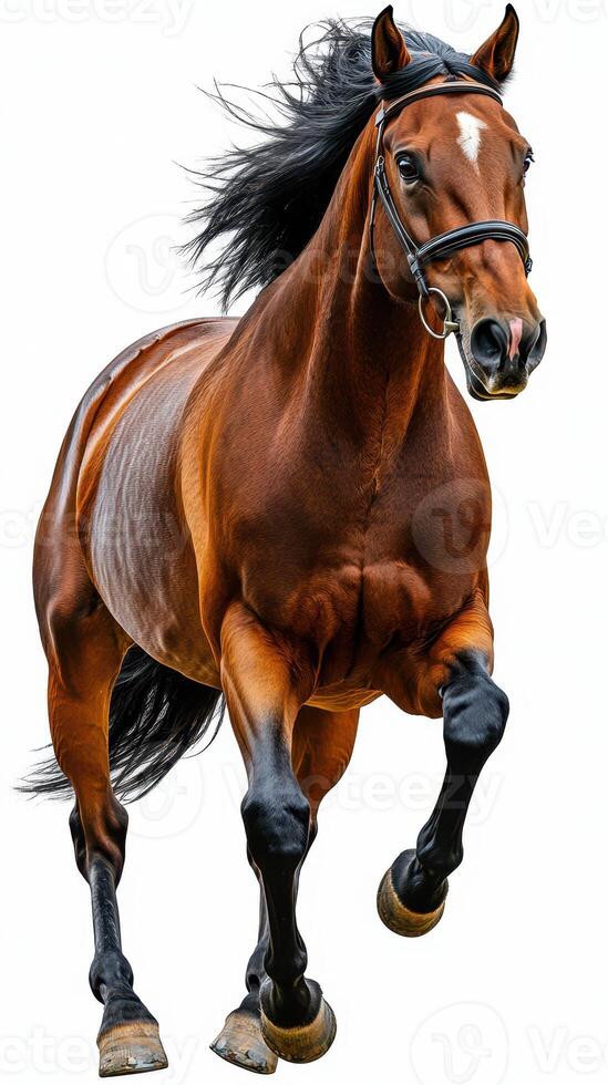 Majestic horse galloping with grace against a white background showcasing strength and elegance in motion photo