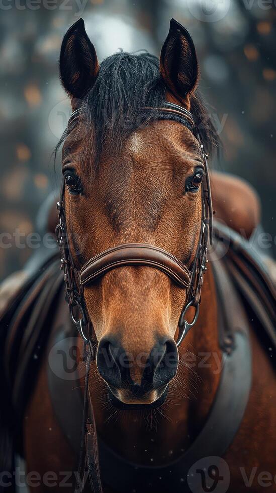 Majestic brown horse with a strong expression stands ready for adventure in a misty forest setting photo