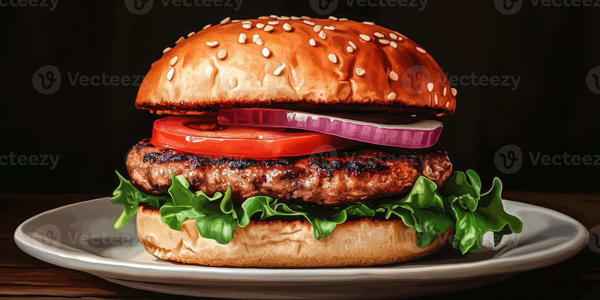 Juicy hamburger with fresh lettuce, tomato, and onion served on a sesame seed bun on a simple plate photo