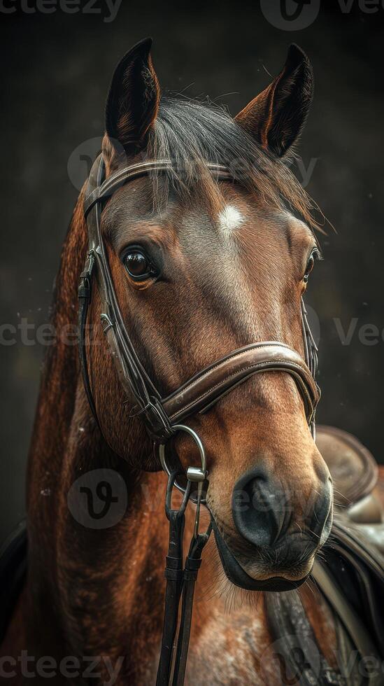 Brown horse with a glossy coat and detailed bridle stands proudly against a dark background at a riding stable photo
