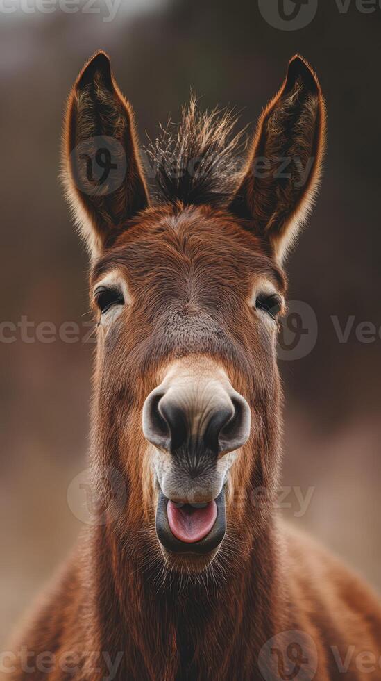 Brown donkey with a joyful expression standing in a natural setting during the day photo