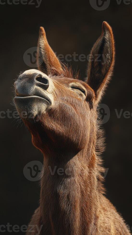 Close-up of a donkey with a serene expression illuminated by soft light in a natural setting photo