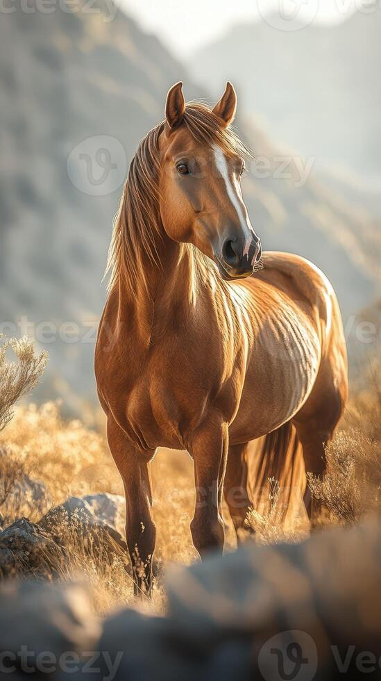 Golden horse stands majestically in the sunlit landscape of rolling hills during the golden hour photo