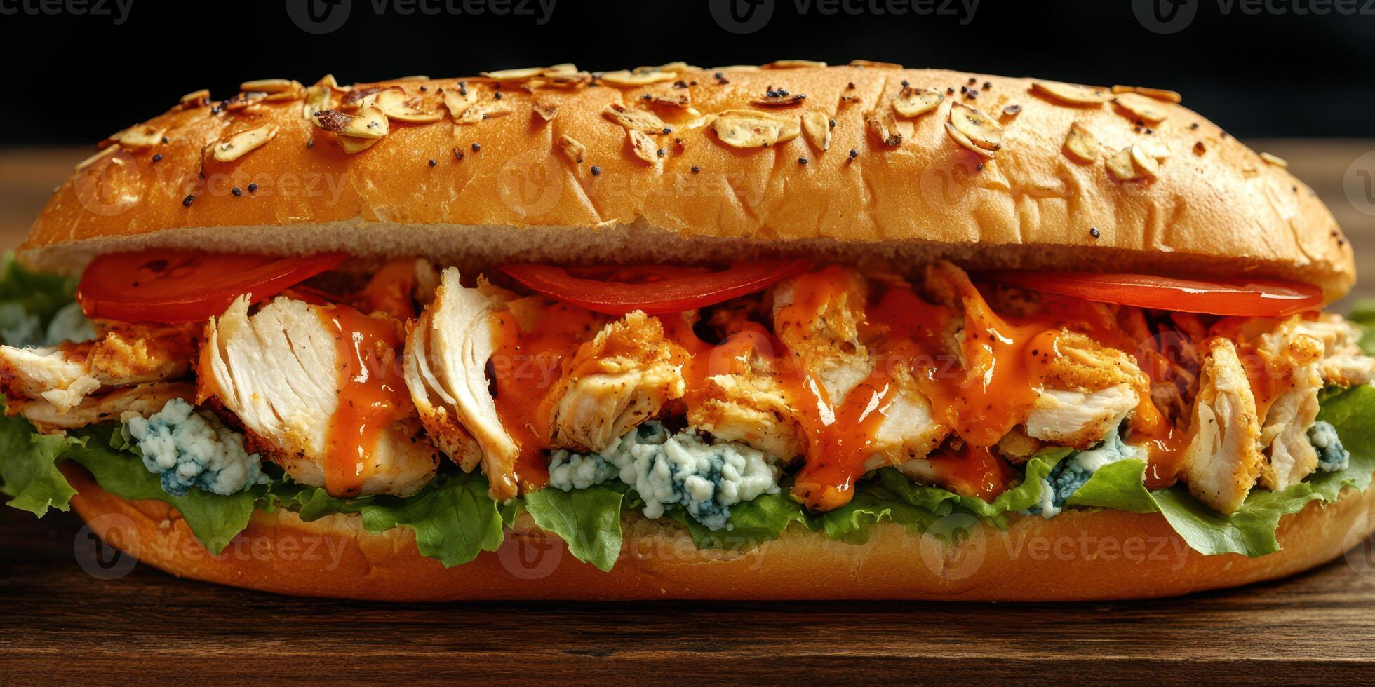 Delicious sandwich loaded with grilled chicken, fresh vegetables, and spicy sauce served on a toasted bun photo