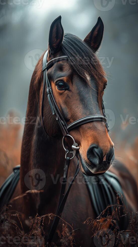 Majestic brown horse stands gracefully amidst golden foliage in a tranquil forest during early morning hours photo