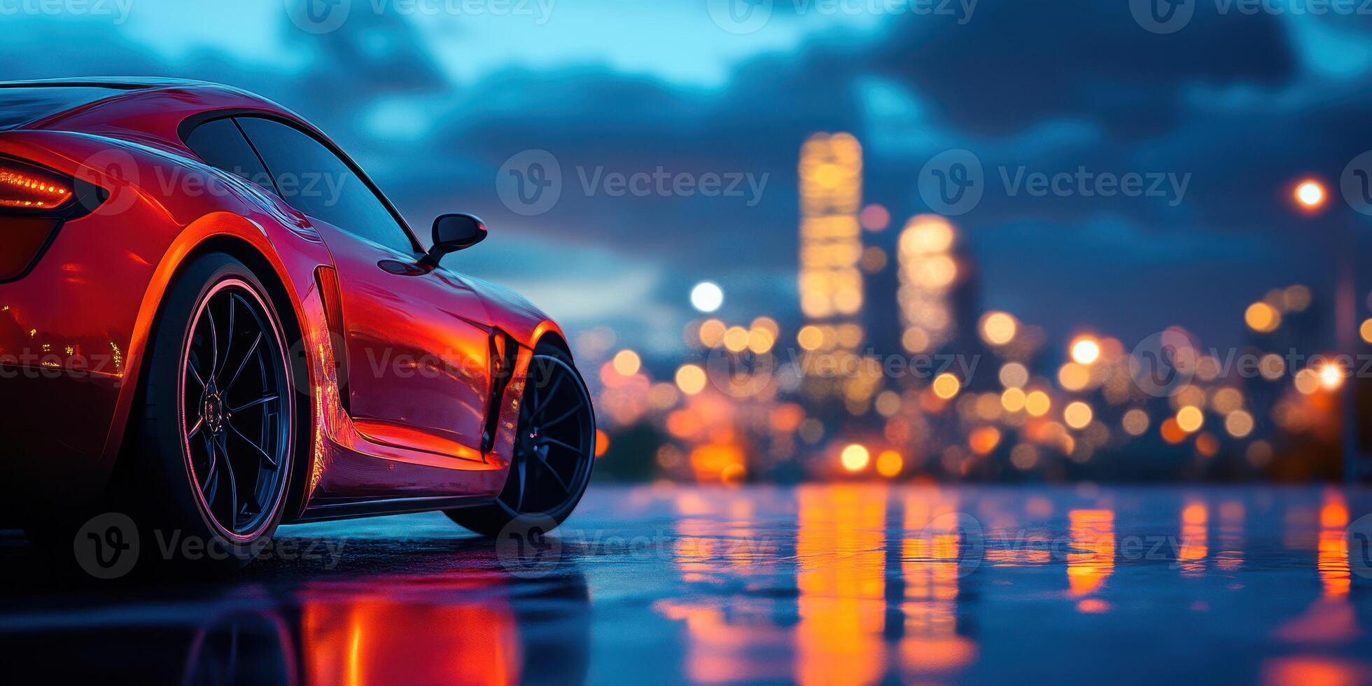 Luxury sports car parked by city skyline during twilight, showcasing vibrant reflections and atmospheric lighting photo