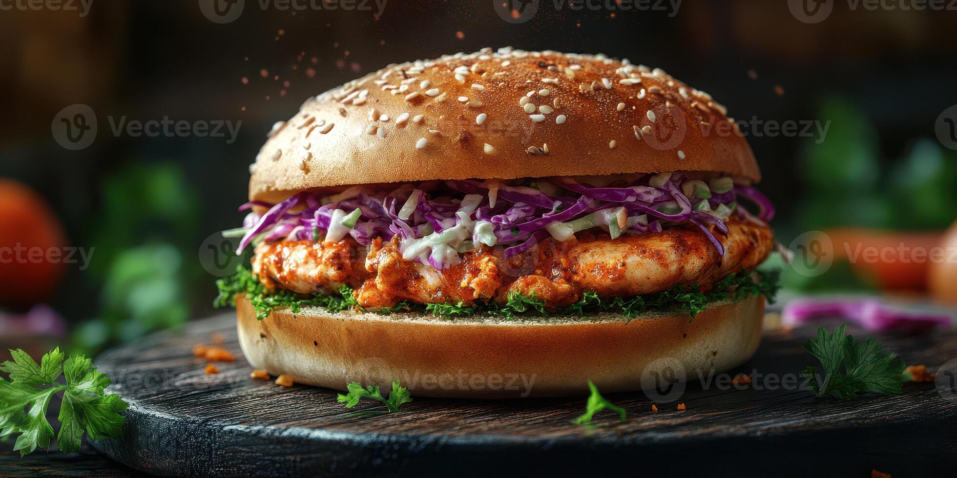Delicious spicy chicken sandwich with fresh vegetables on a wooden platter photo