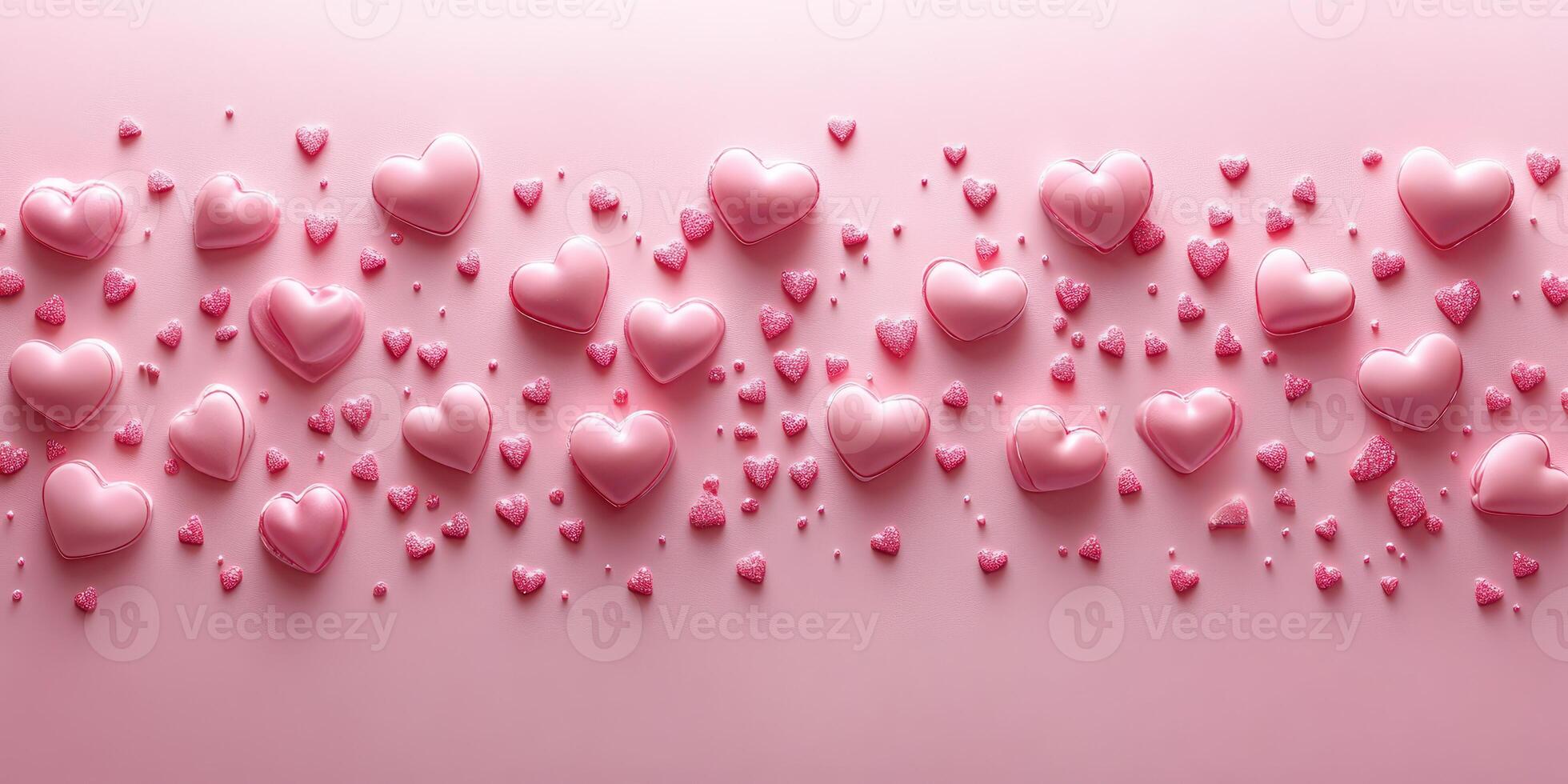 Colorful hearts arranged creatively on a soft pink background for a romantic celebration or decoration photo