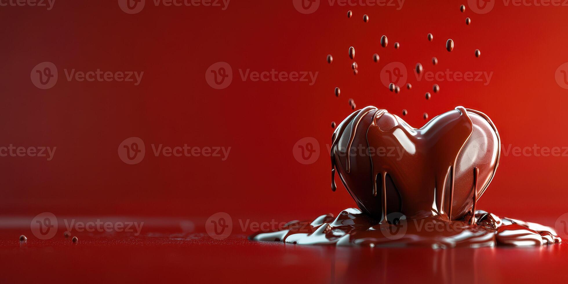 Heart shaped chocolate melts in a rich pool on a vibrant red background creating a romantic atmosphere photo