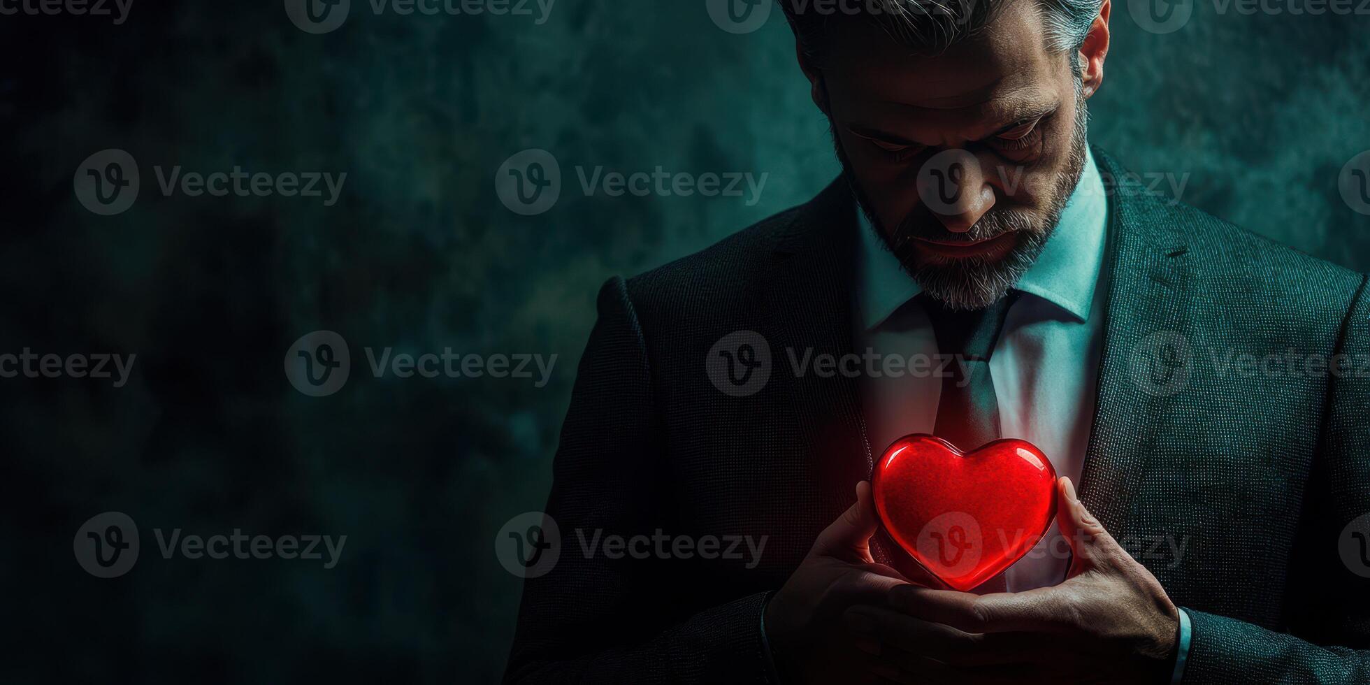 Man in a suit holding a glowing red heart against a dark background in a somber moment of reflection photo