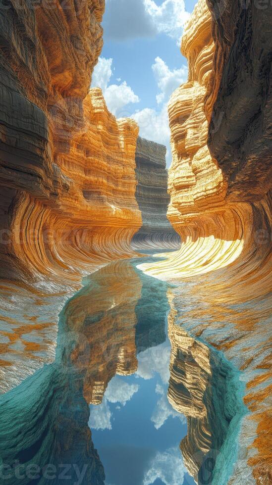 Majestic canyon with vibrant rock formations and tranquil water reflecting the sky during daylight photo