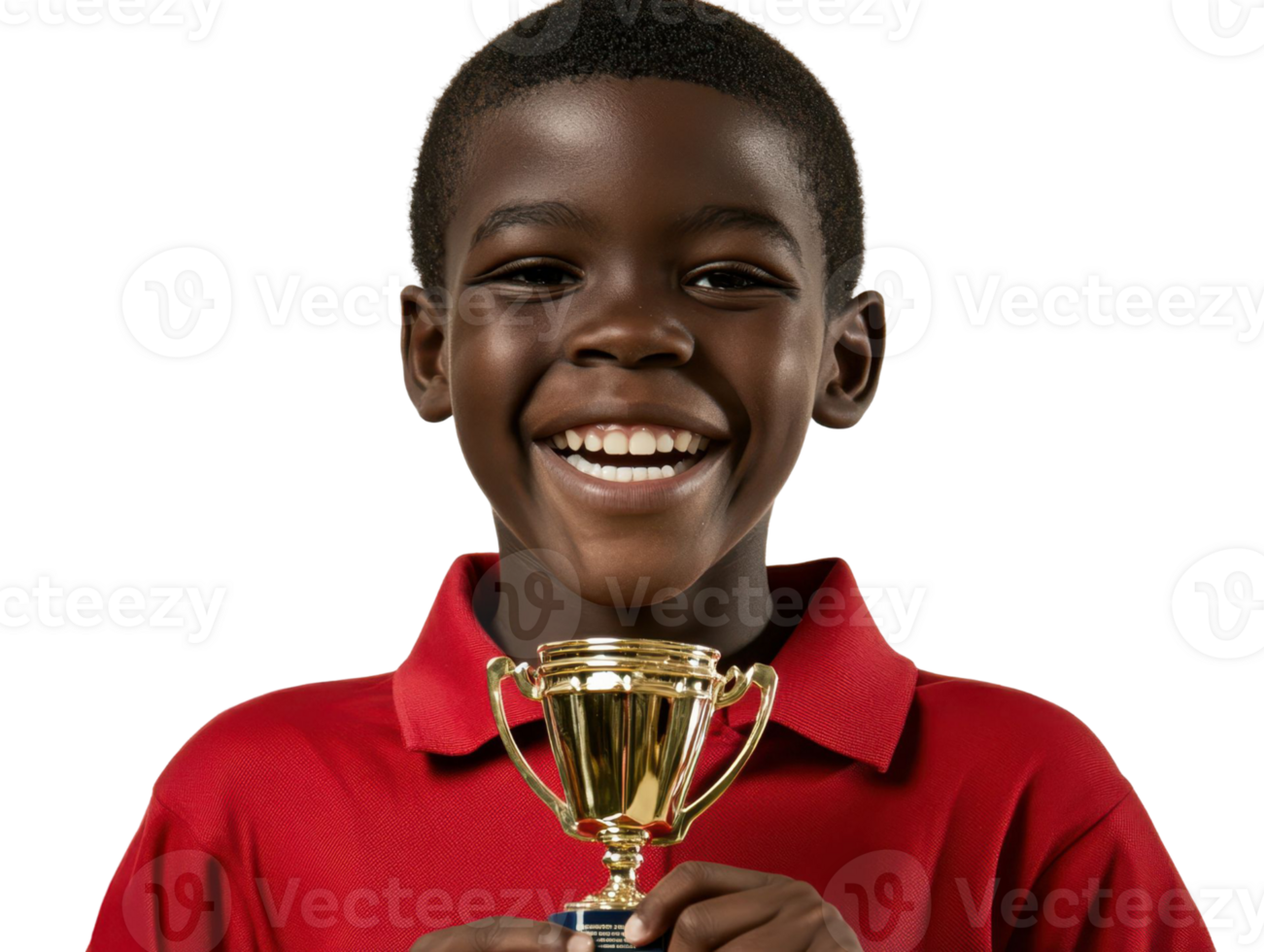 Happy Young Boy With Gold Trophy Award Smiling In Red Polo Shirt Transparent Background png