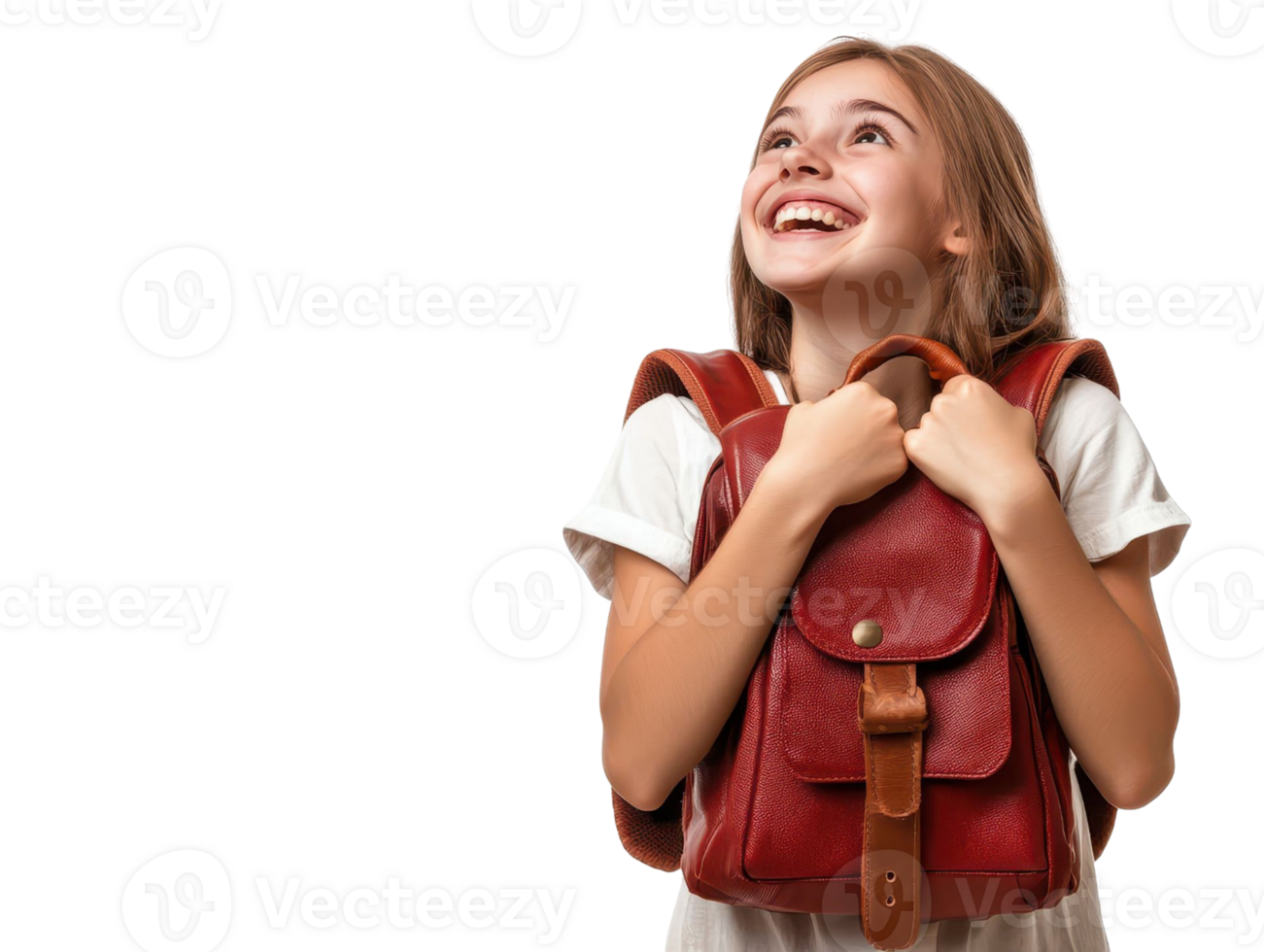 Joyful Young Girl With Red Leather Backpack Smiling and Looking Up Against Transparent Background png
