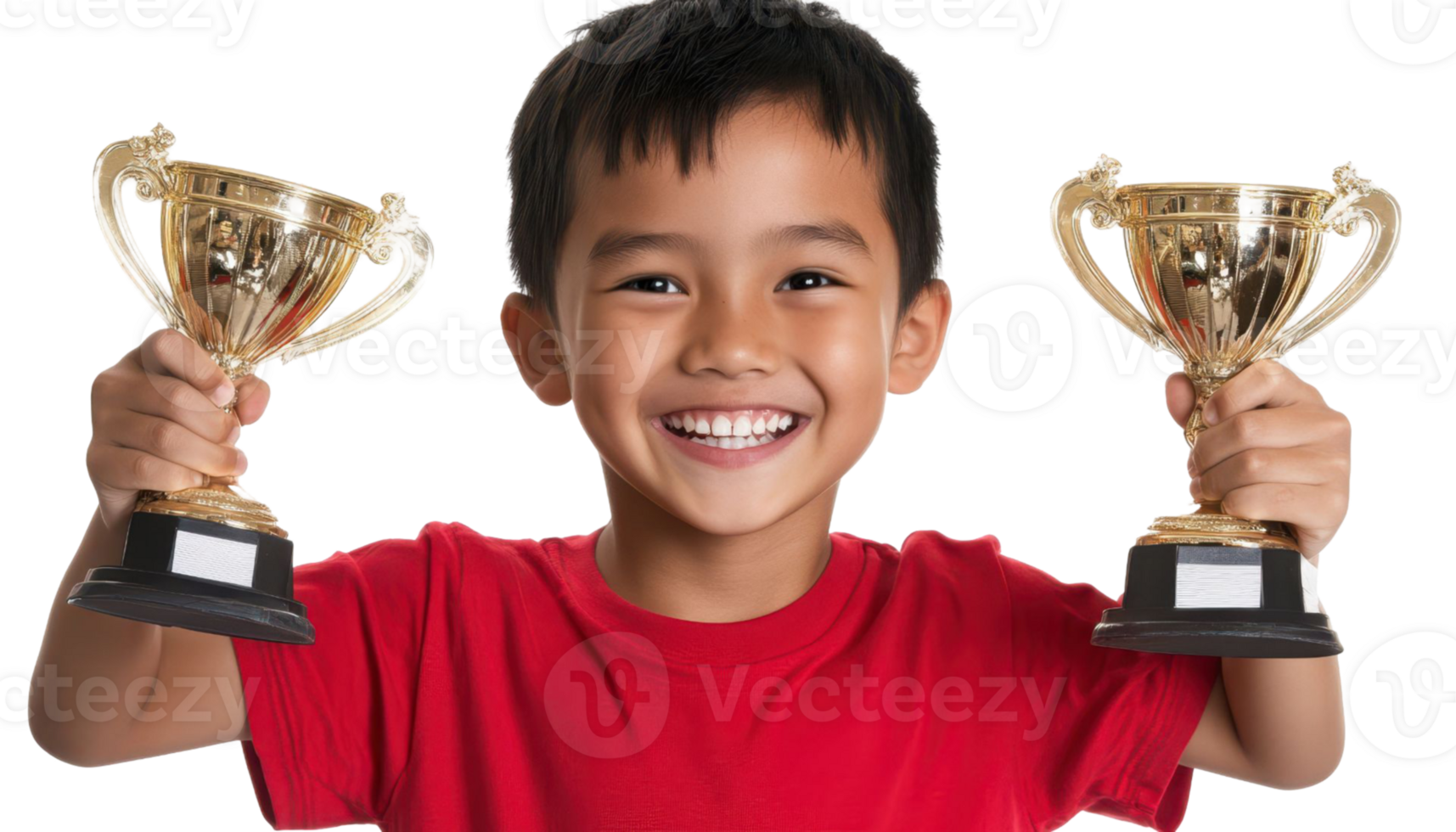 Joyful Asian Boy in Red Shirt Holding Two Golden Trophies Smiling against a Transparent Background png