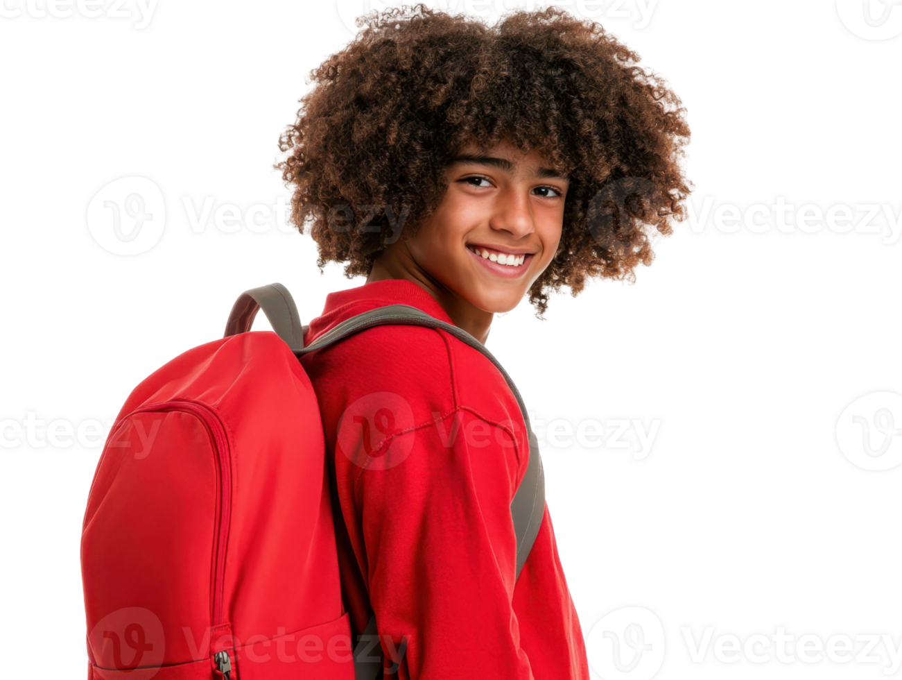 Smiling Student with Red Backpack and Curly Hair on a Transparent Background png