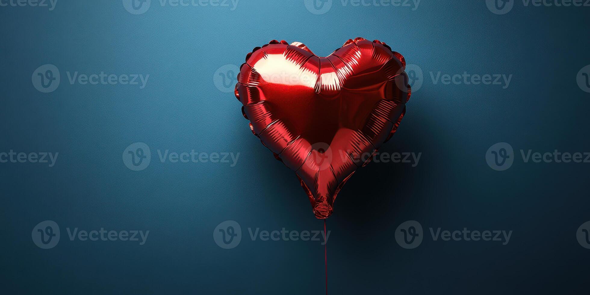 Bright red heart-shaped balloon floating against a blue wall creating a romantic atmosphere photo