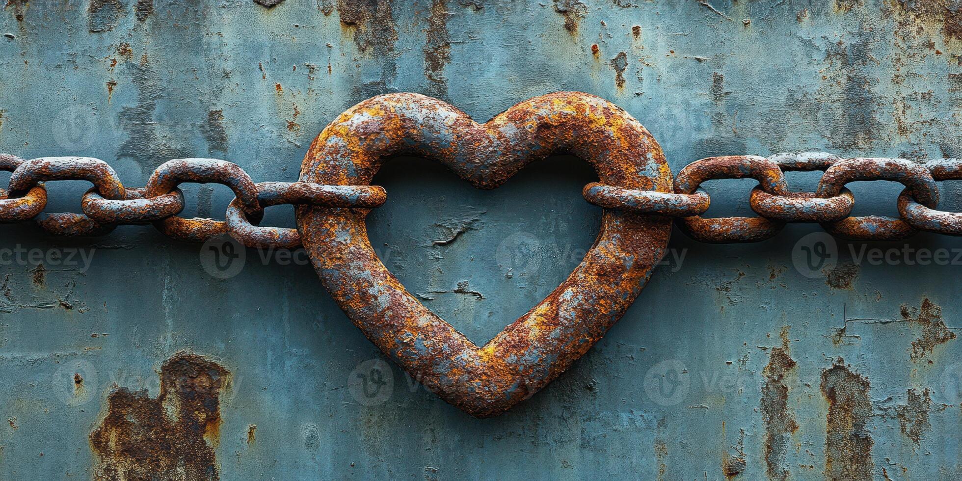 Rustic heart-shaped lock linked by chain on weathered blue metal surface photo