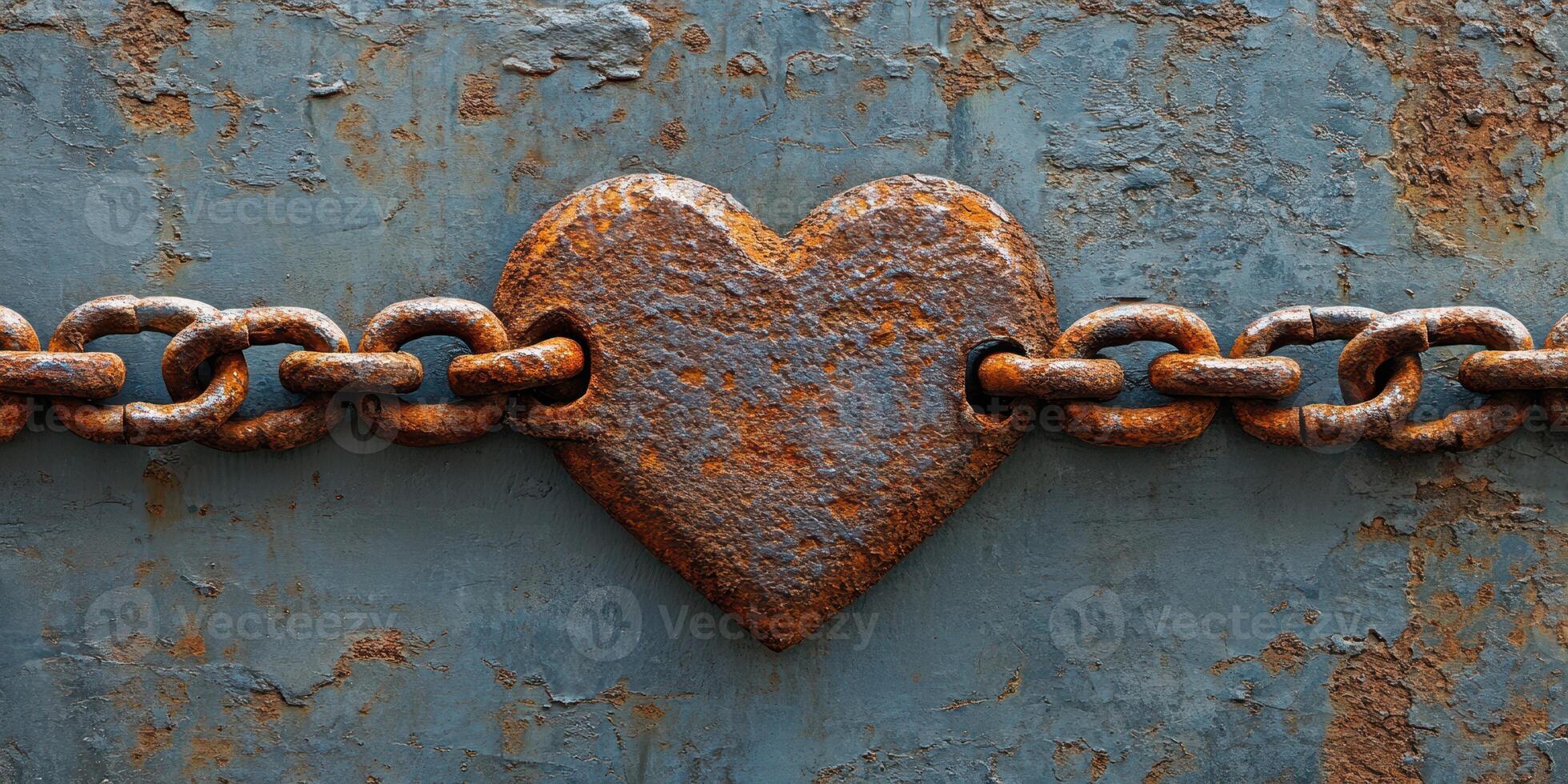 Heart-shaped lock surrounded by rusty chain against a weathered blue background photo