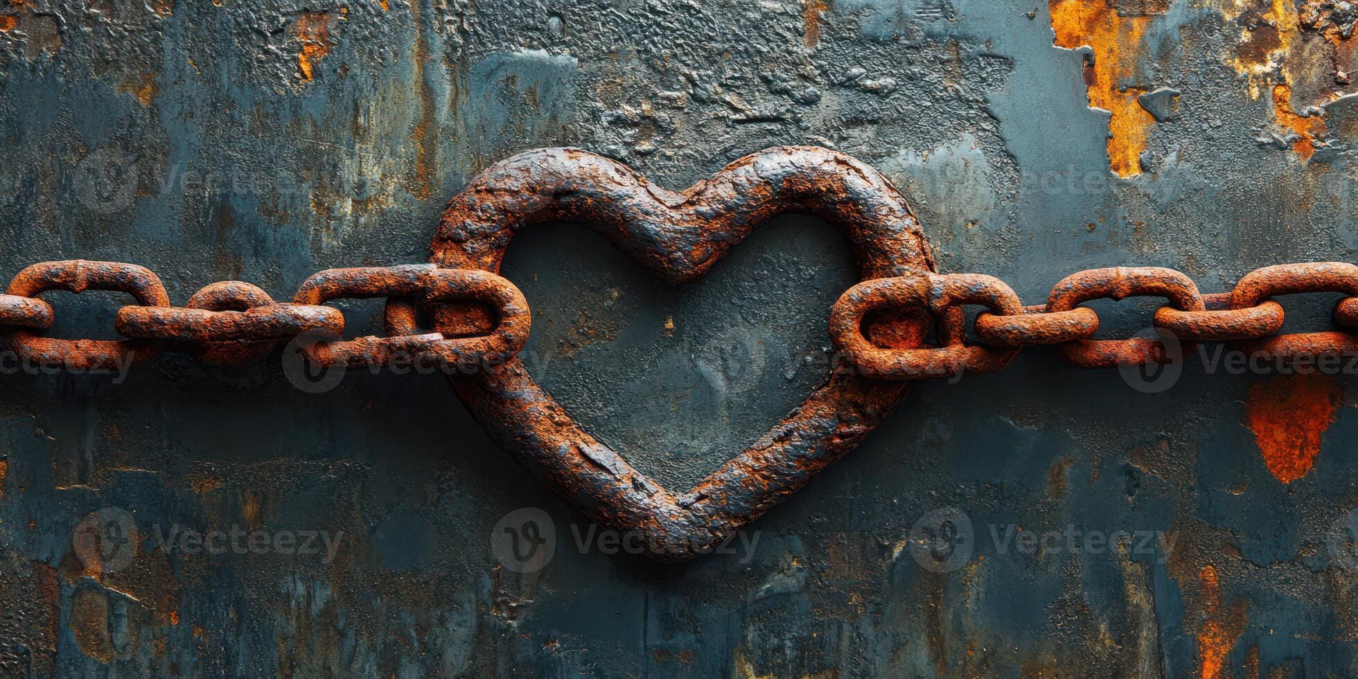 Heart-shaped rusted chain links against a textured metal background convey themes of love and strength photo