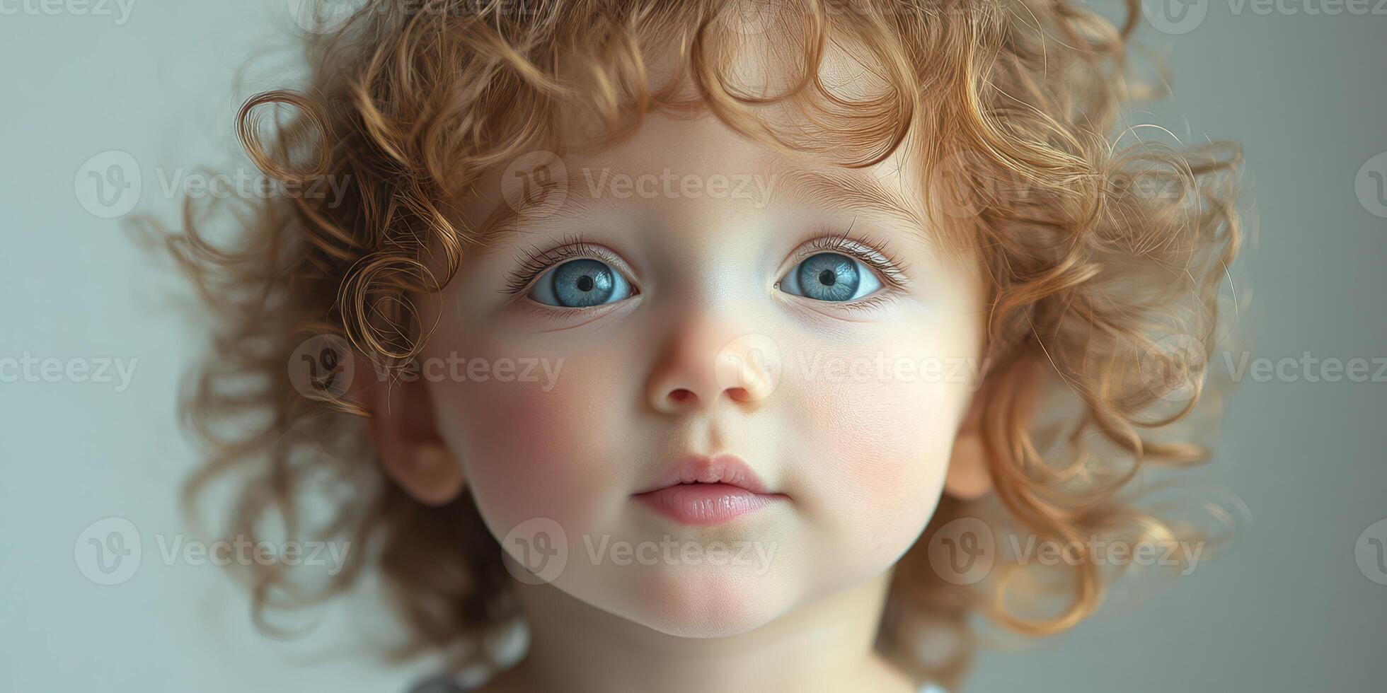 Child with curly hair and blue eyes gazing curiously at the camera in a bright indoor setting photo