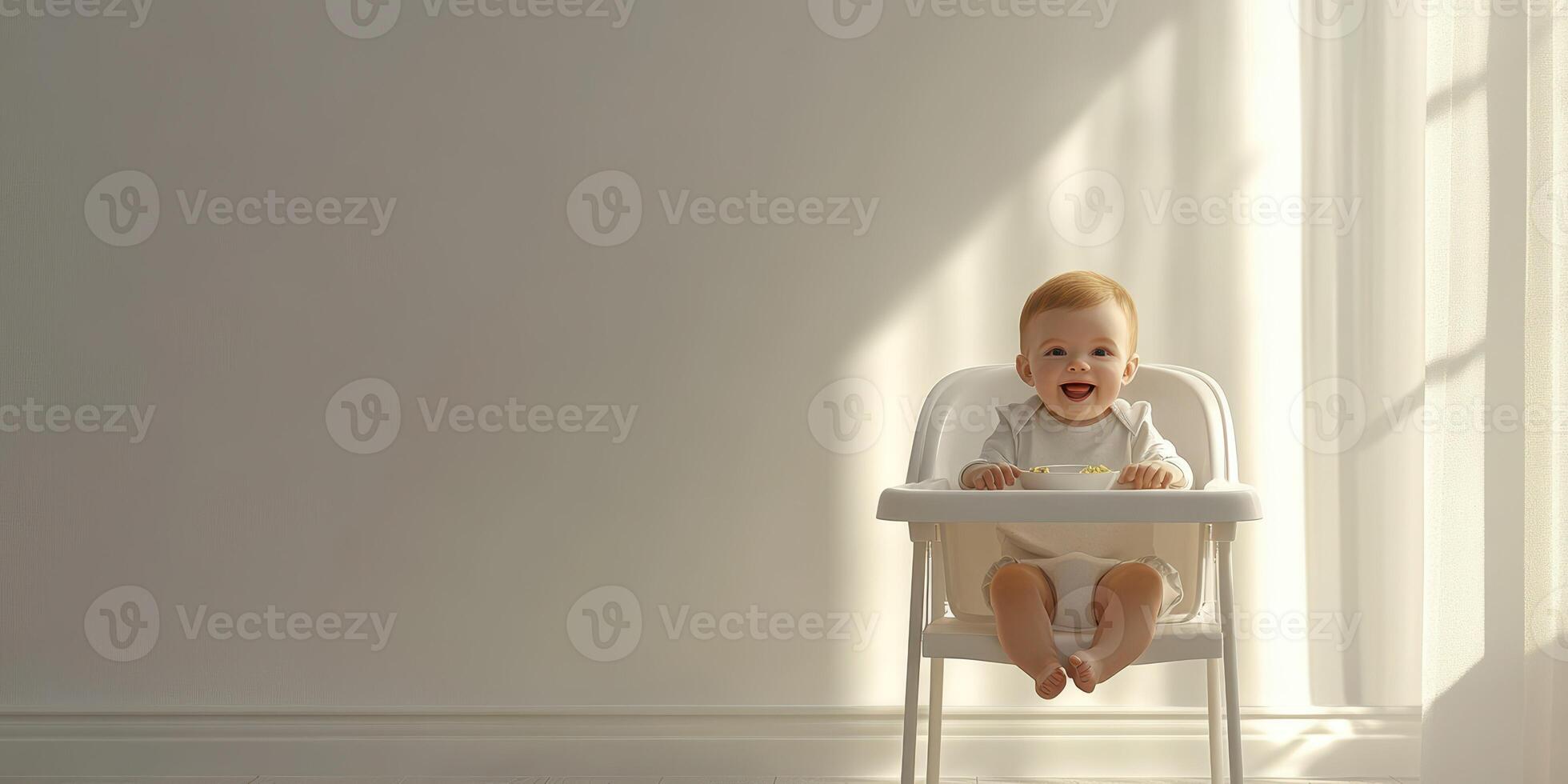 Happy baby enjoying mealtime in a bright room with natural light during the afternoon photo