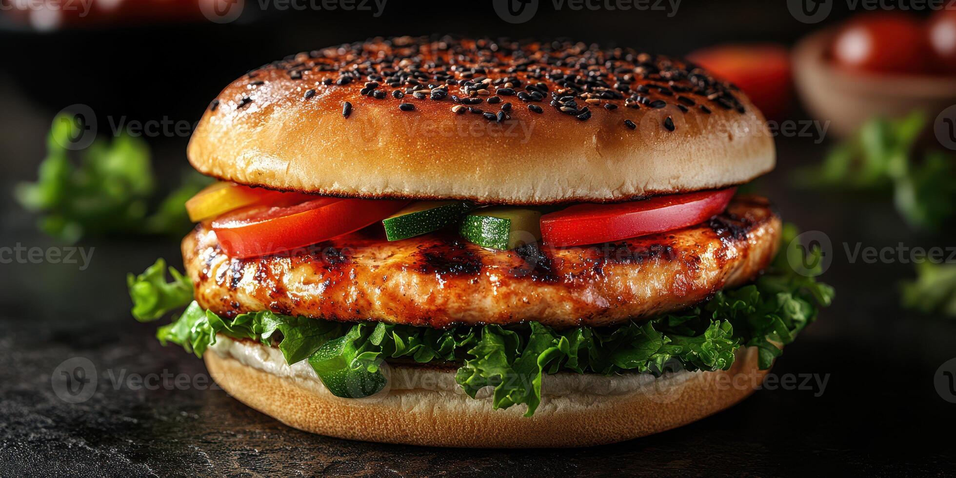 Delicious grilled chicken burger with fresh vegetables on a sesame seed bun served on a rustic table photo