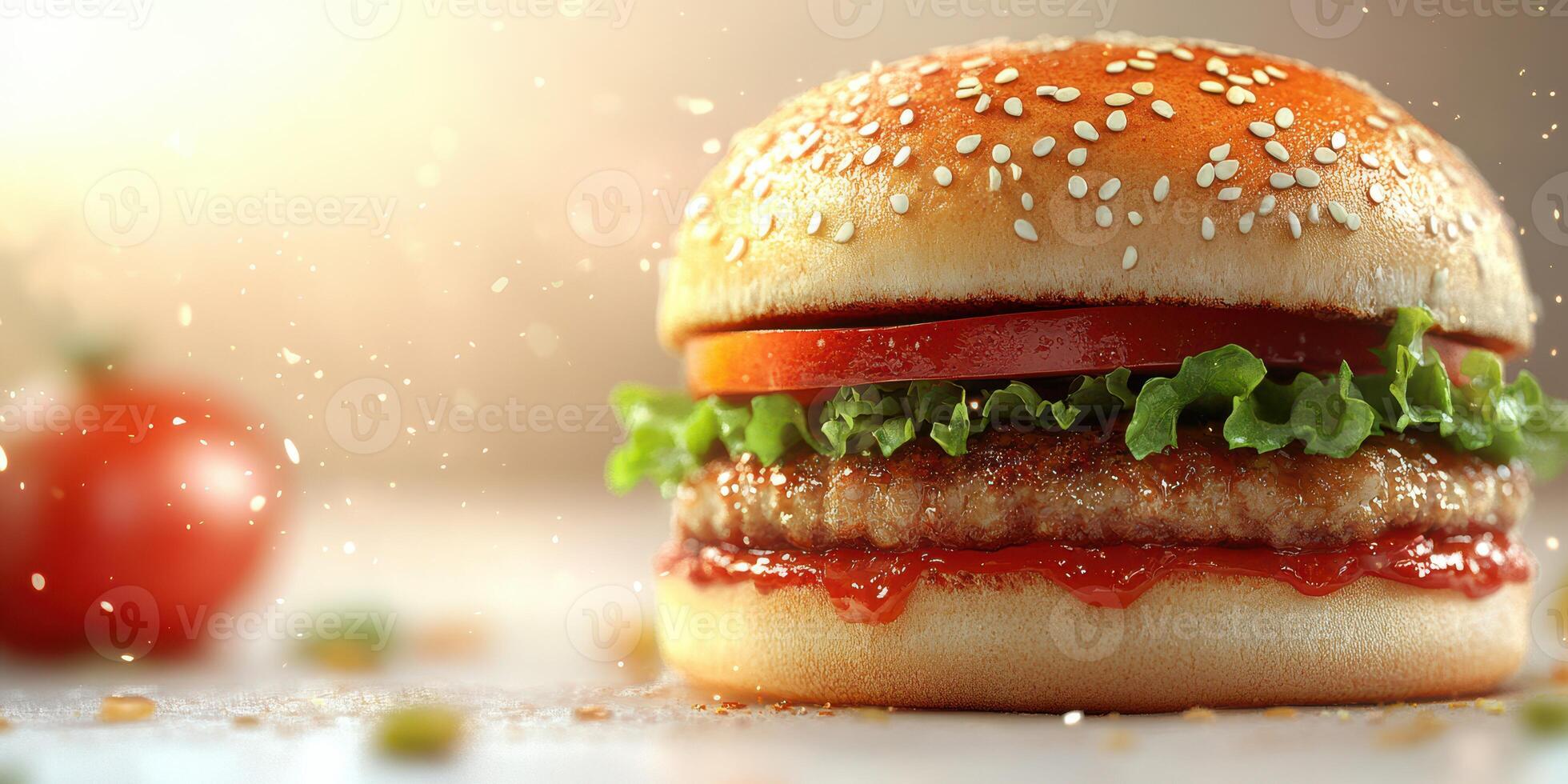 Juicy hamburger with fresh ingredients and sesame seed bun ready to be enjoyed in a warm setting photo
