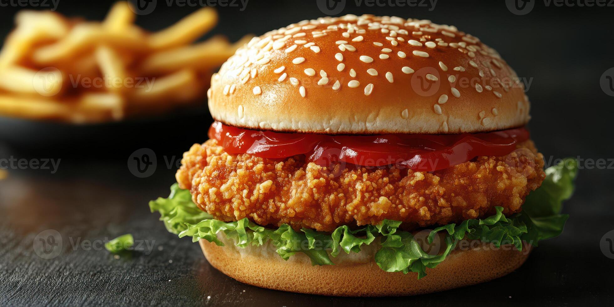 Crispy chicken sandwich with lettuce and ketchup served alongside golden fries on a dark background photo