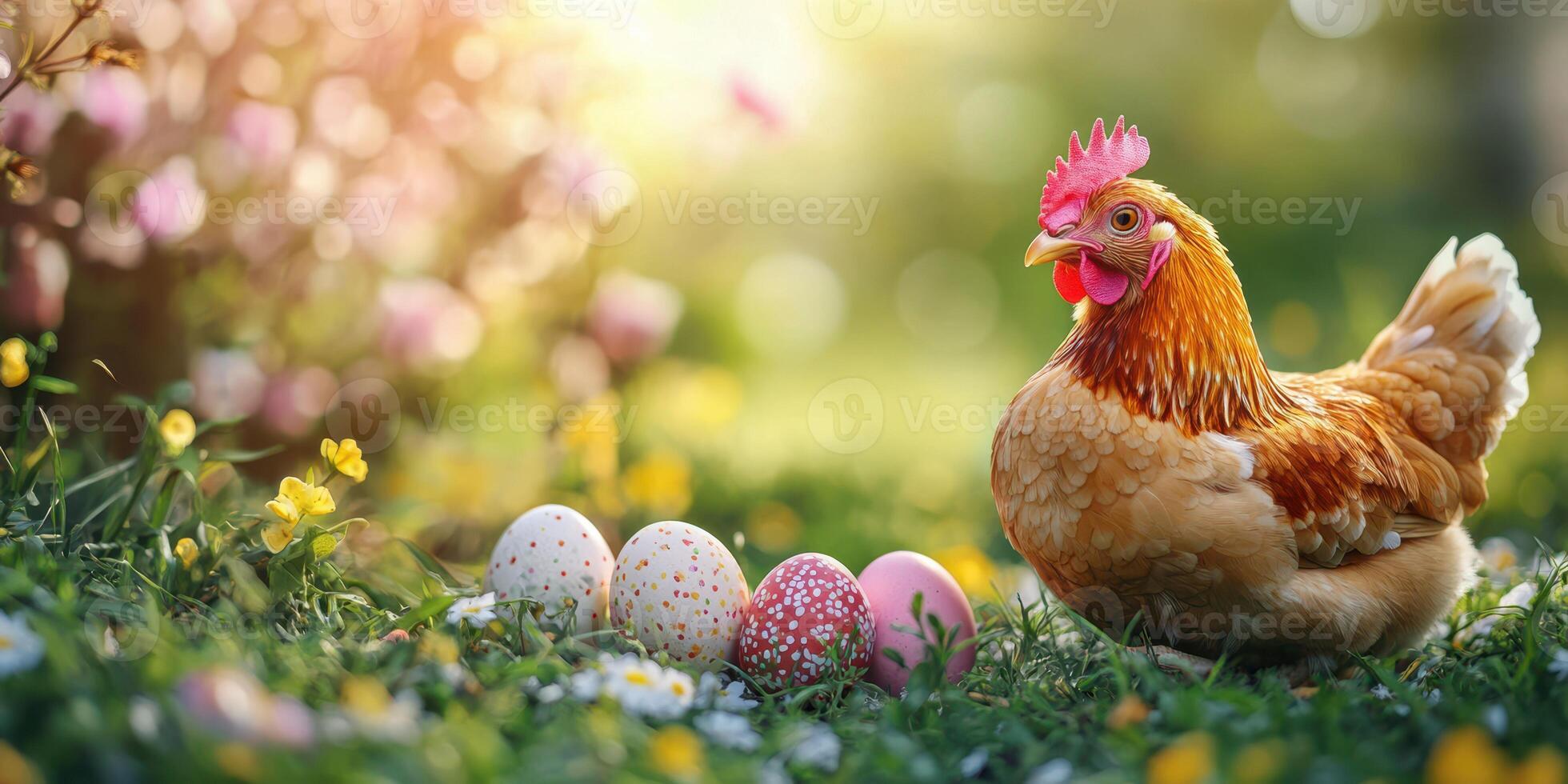 Chicken standing next to colorful Easter eggs in a vibrant spring garden setting during daylight photo