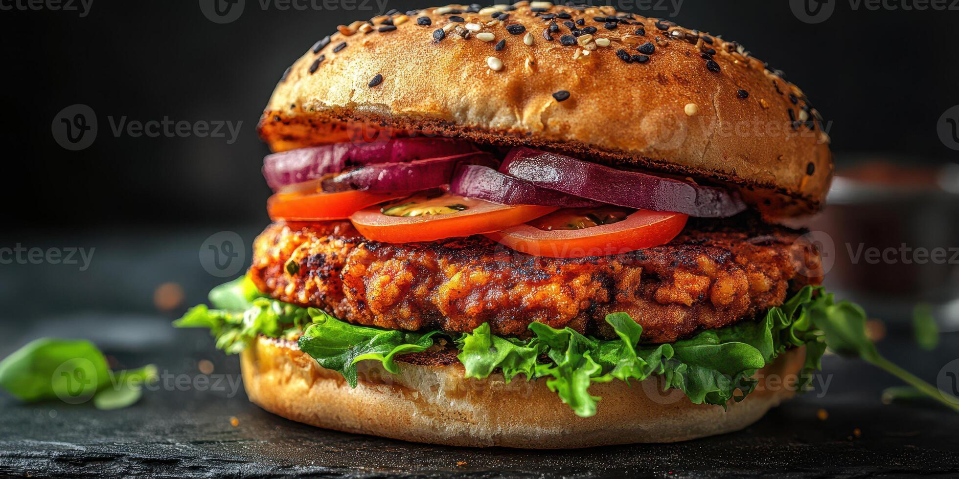 Juicy chicken burger with fresh vegetables on a rustic wooden table ready to be enjoyed photo