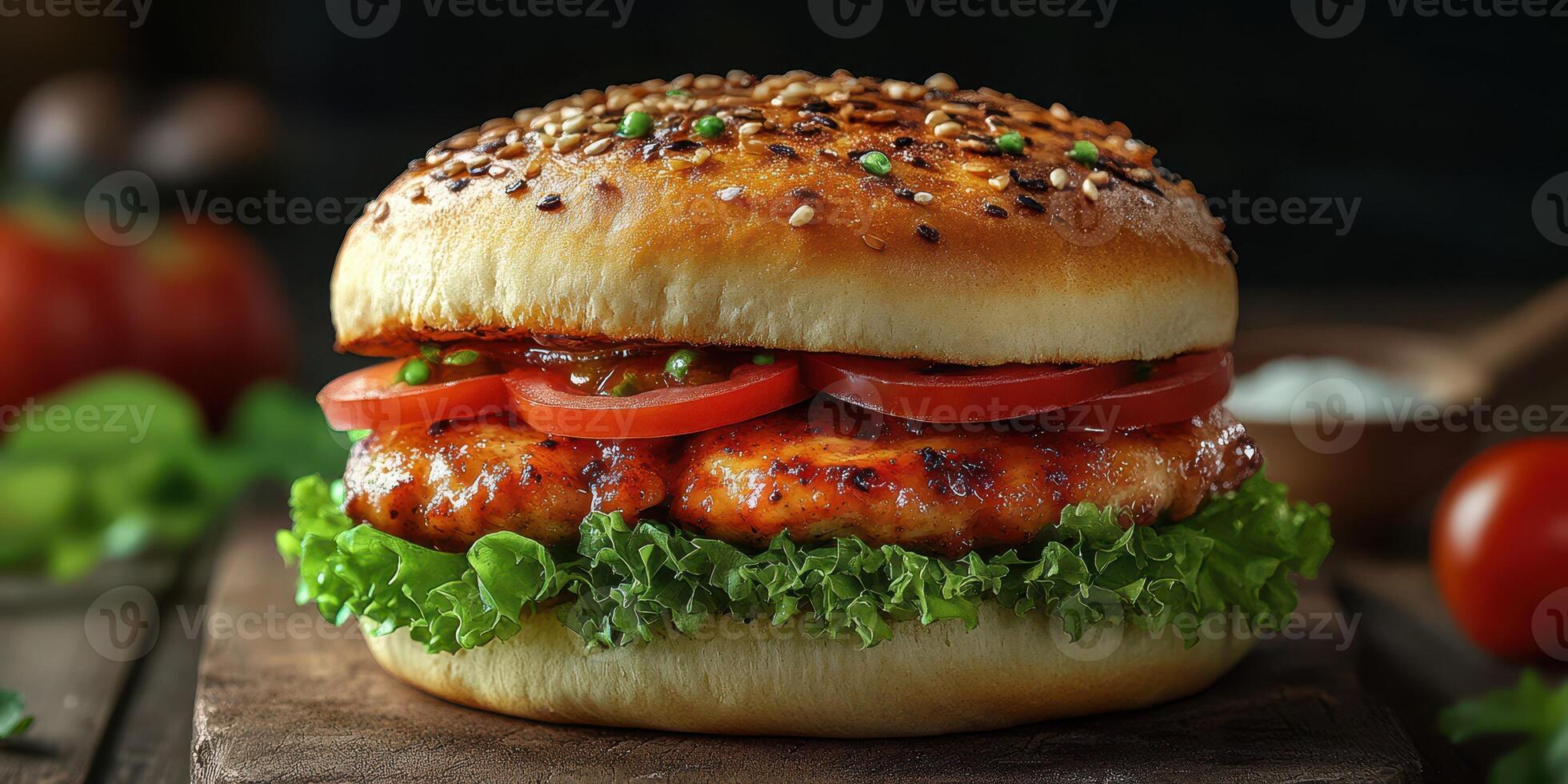 Juicy grilled chicken sandwich with fresh toppings on a wooden board for a delicious meal photo
