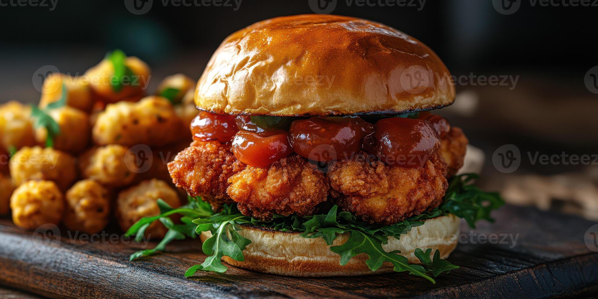Crispy fried chicken sandwich served on a toasted bun with sauce and lettuce alongside crunchy sides photo