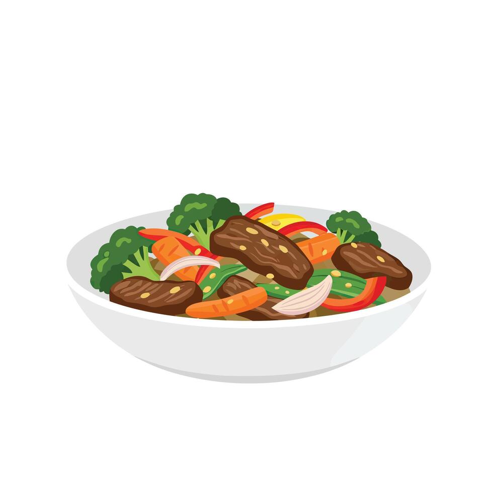 A bowl of meat and vegetables with a side of broccoli vector