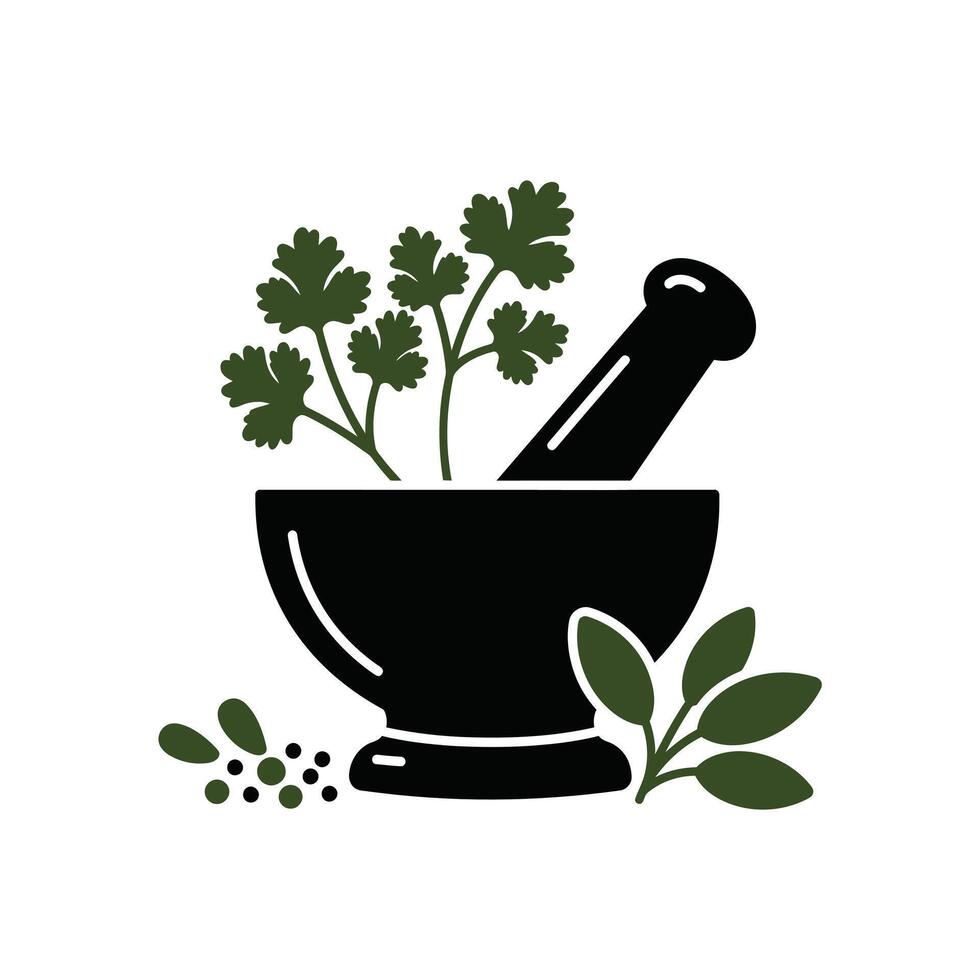 A mortar and pestle with herbs and leaves vector