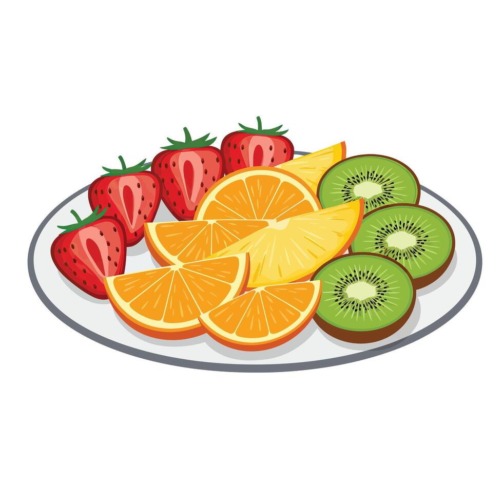 A plate of fruit with strawberries, oranges and kiwi vector