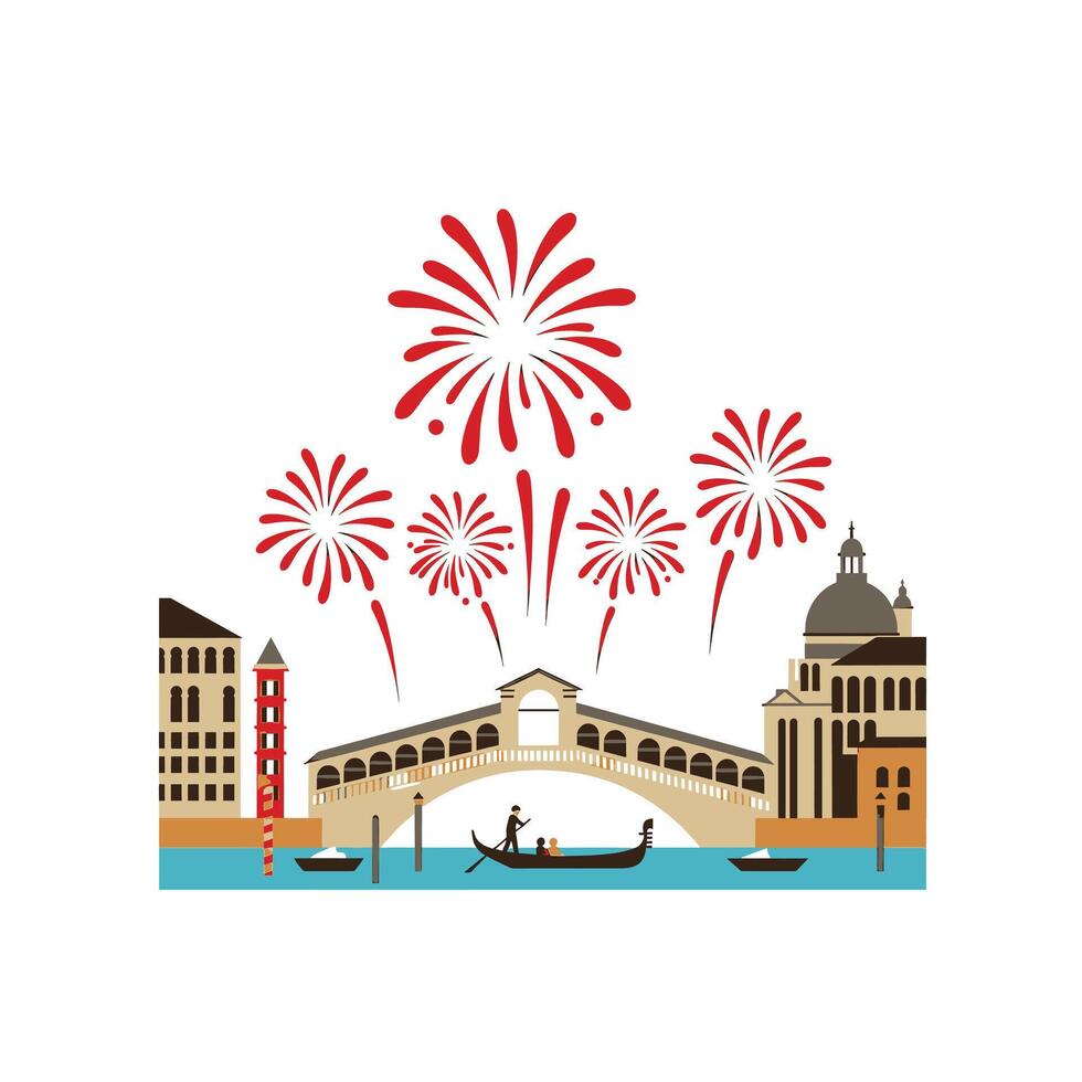 A gondola is floating down the river with fireworks in the background vector
